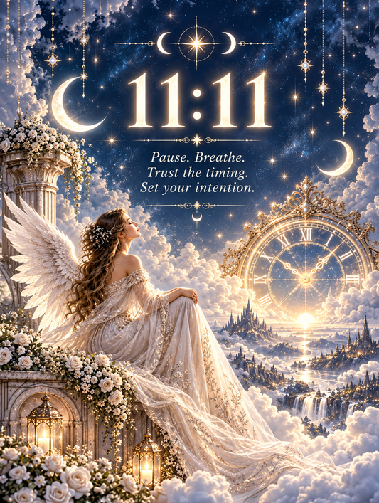 11:11 angel number metal sign featuring an angel, glowing moons, golden clock and inspirational Trust the Timing message against a night sky.