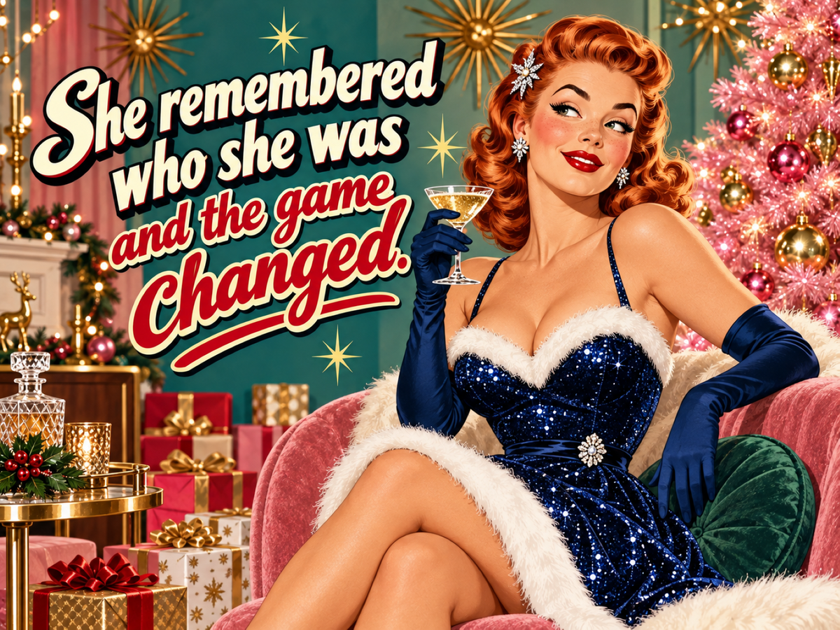 She Remembered Who She Was metal sign featuring a red-haired retro pin-up in a sparkling navy dress beside a pink Christmas tree and gifts.