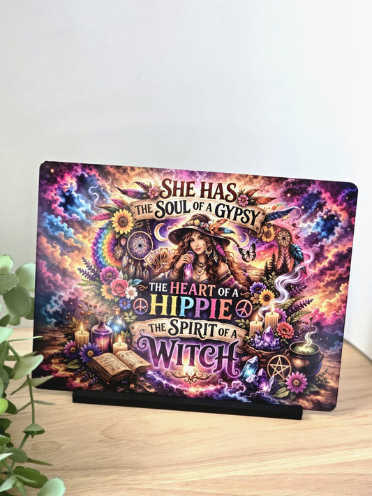 Boho Witch Metal Sign – She Has the Soul of a Gypsy, Heart of a Hippie, Spirit of a Witch