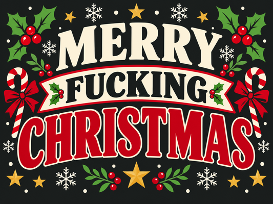 Cheeky Merry Christmas vintage-style metal sign featuring bold red and cream lettering on dark background with candy canes, holly and gold stars.