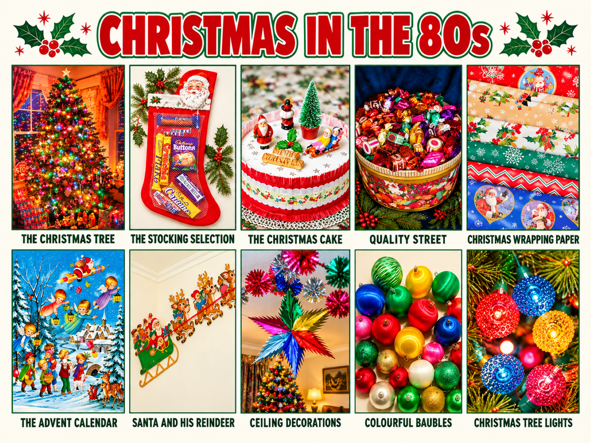Nostalgic Christmas in the 80s metal sign with a collage of festive sweets, Christmas cake, advent calendars, foil decorations and traditional baubles.