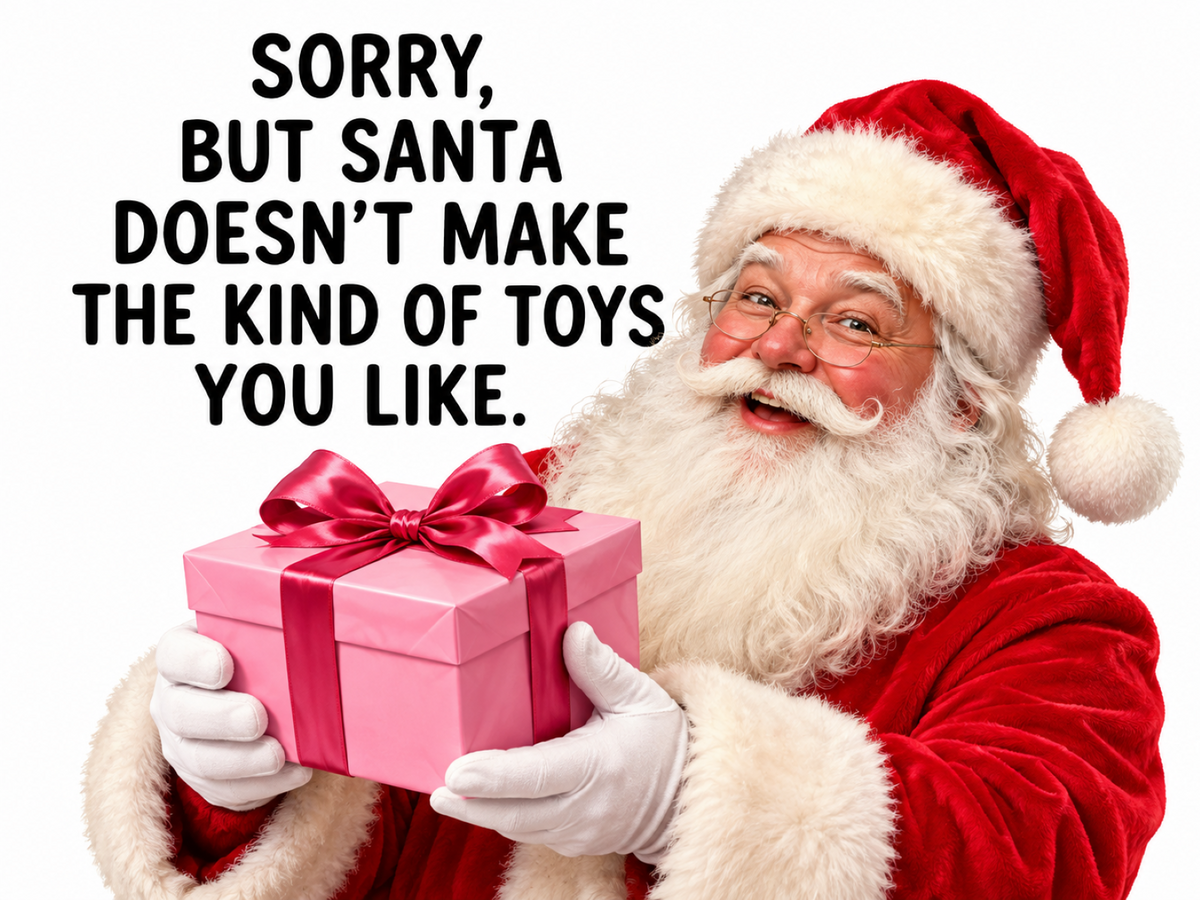 Cheeky Santa's Toys Christmas metal sign showing Father Christmas holding a pink present beside a funny festive saying.