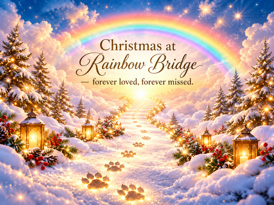 Christmas at Rainbow Bridge pet memorial metal sign showing golden paw prints on a snowy path, a glowing rainbow and festive lanterns.