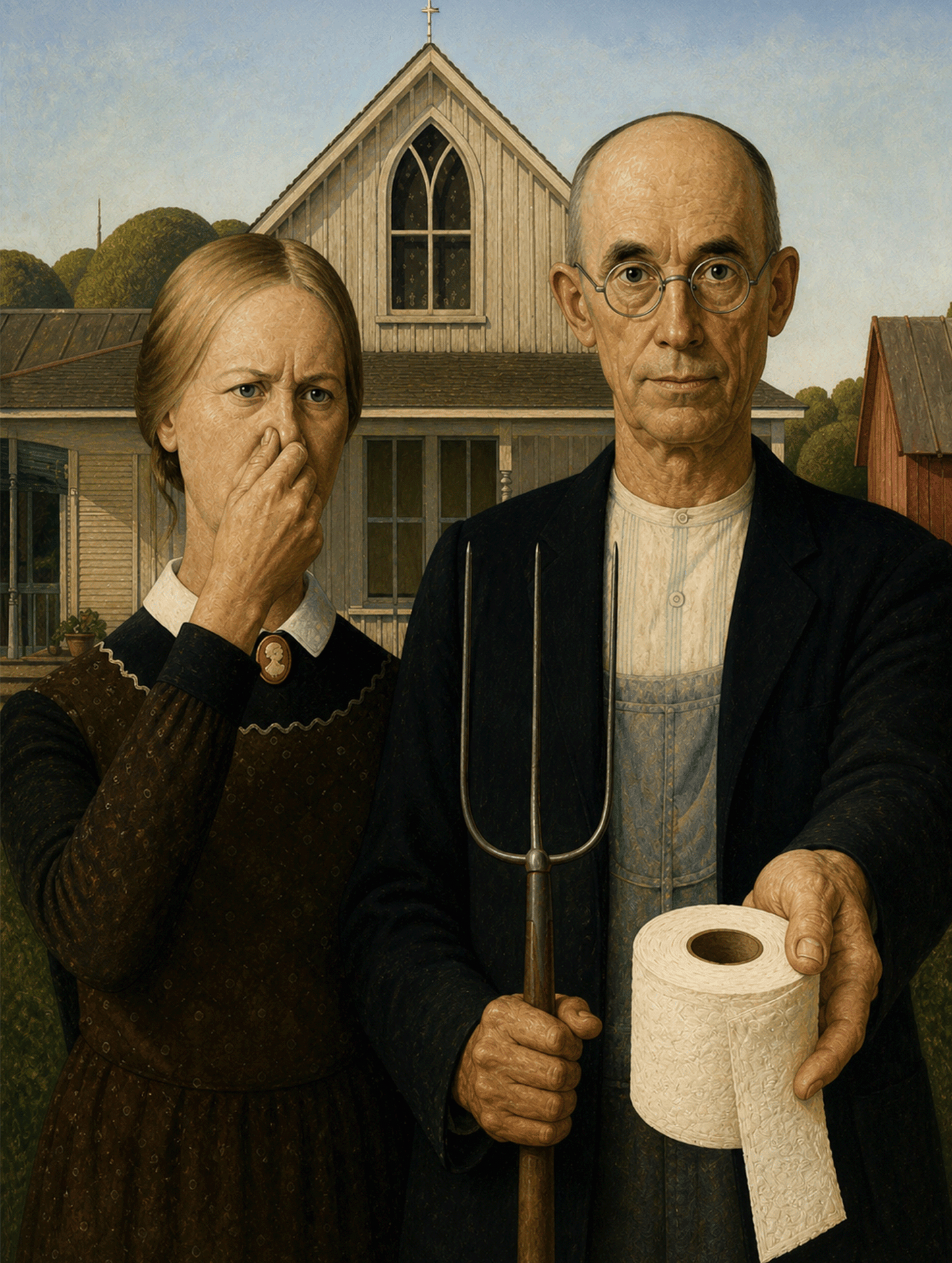 Funny American Gothic Toilet Roll Metal Sign | Bathroom Humour Wall Plaque | 200x150mm