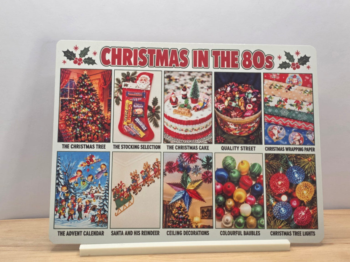 Christmas in the 80s nostalgic metal sign collage of Christmas tree stocking cake advent calendar and baubles with stand