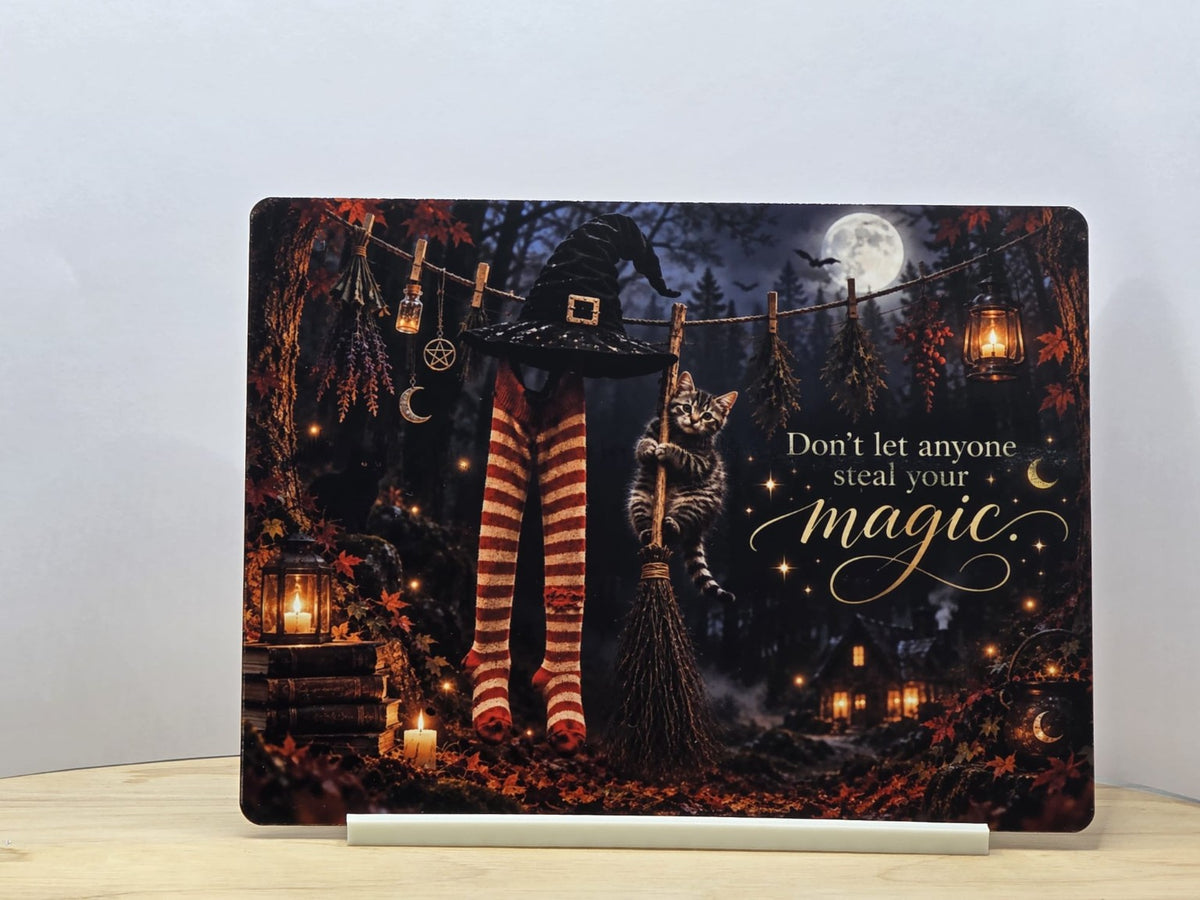Don't let anyone steal your magic metal sign with a kitten on a broom, witch hat, striped stockings and lanterns