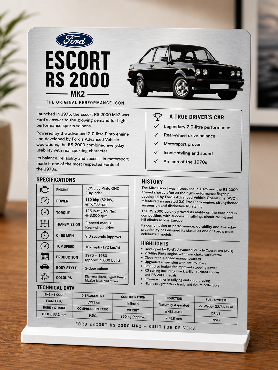 Ford Escort RS2000 Mk2 Aluminium Display Board | Classic Car Information Plaque