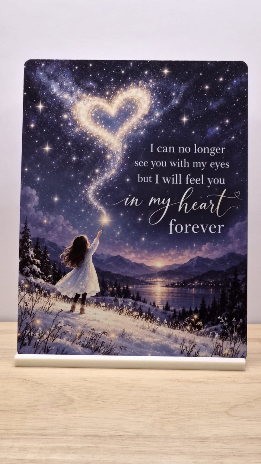 In My Heart Forever memorial metal sign with a glowing heart in a starry sky, in its free stand