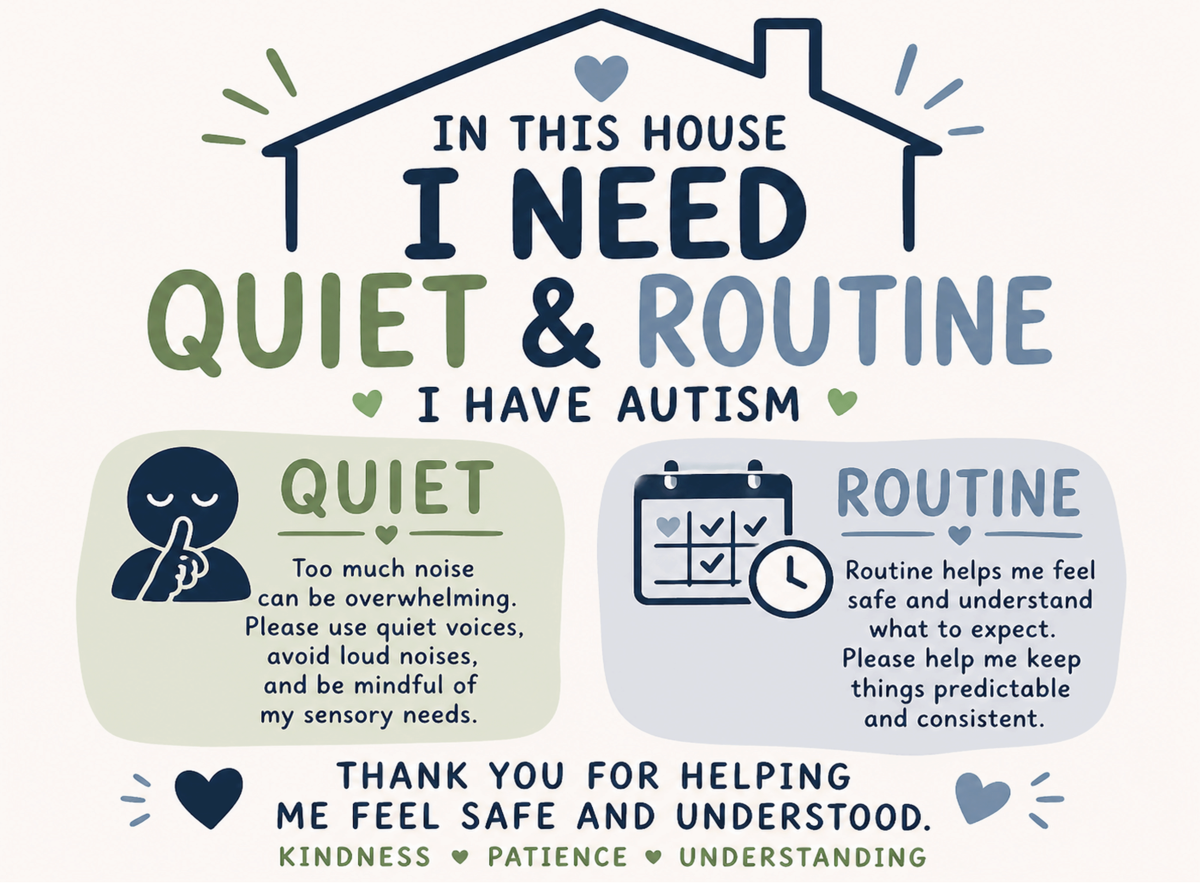 In This House I Need Quiet & Routine Metal Sign – Autism Awareness Sign Includes Stand