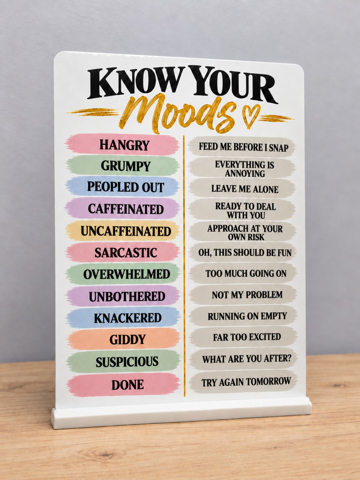 Know Your Moods humorous moods guide with pastel rows metal sign on white stand