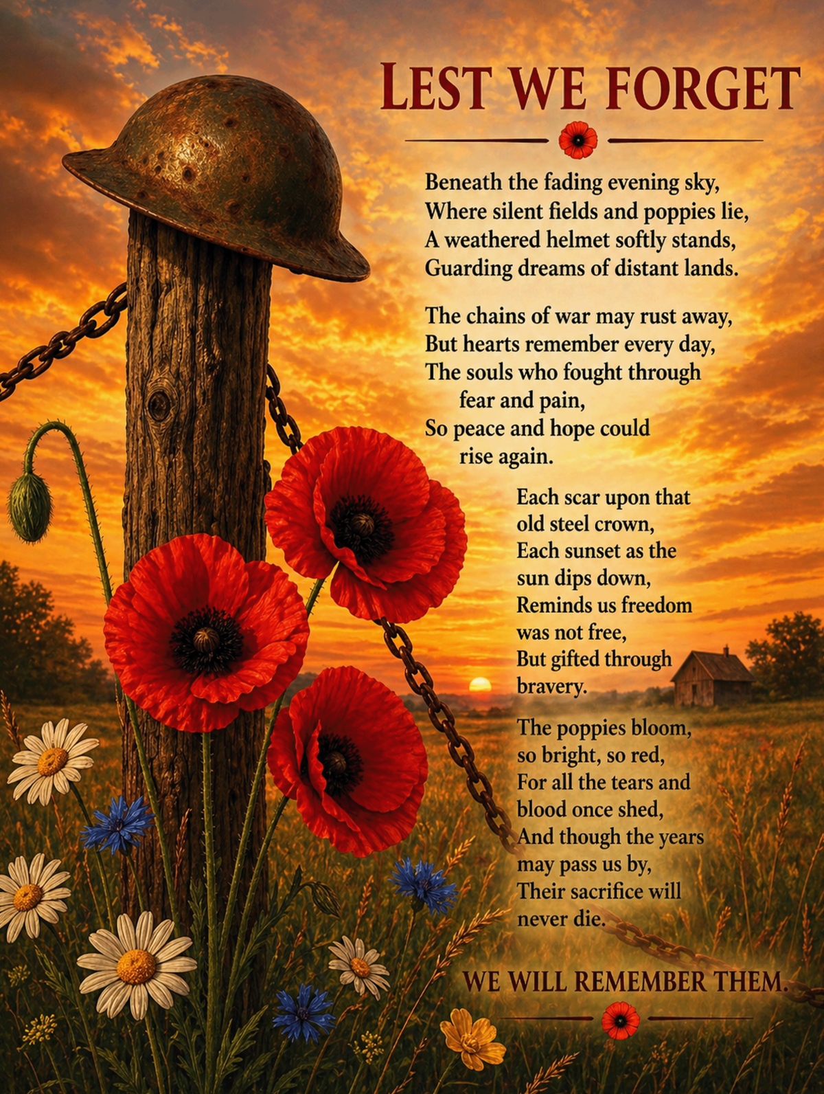 Lest We Forget Memorial Metal Sign | Remembrance Day Poppy Wall Art | 200x150mm