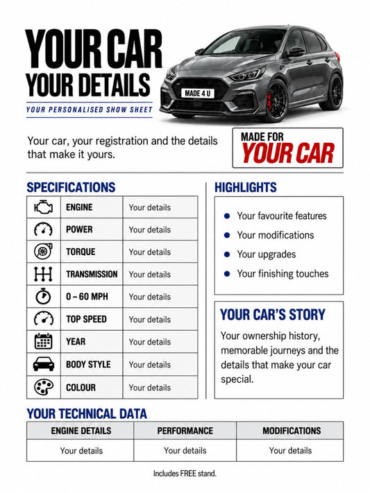 Personalised car specification sign example with your car, registration, specifications and modifications