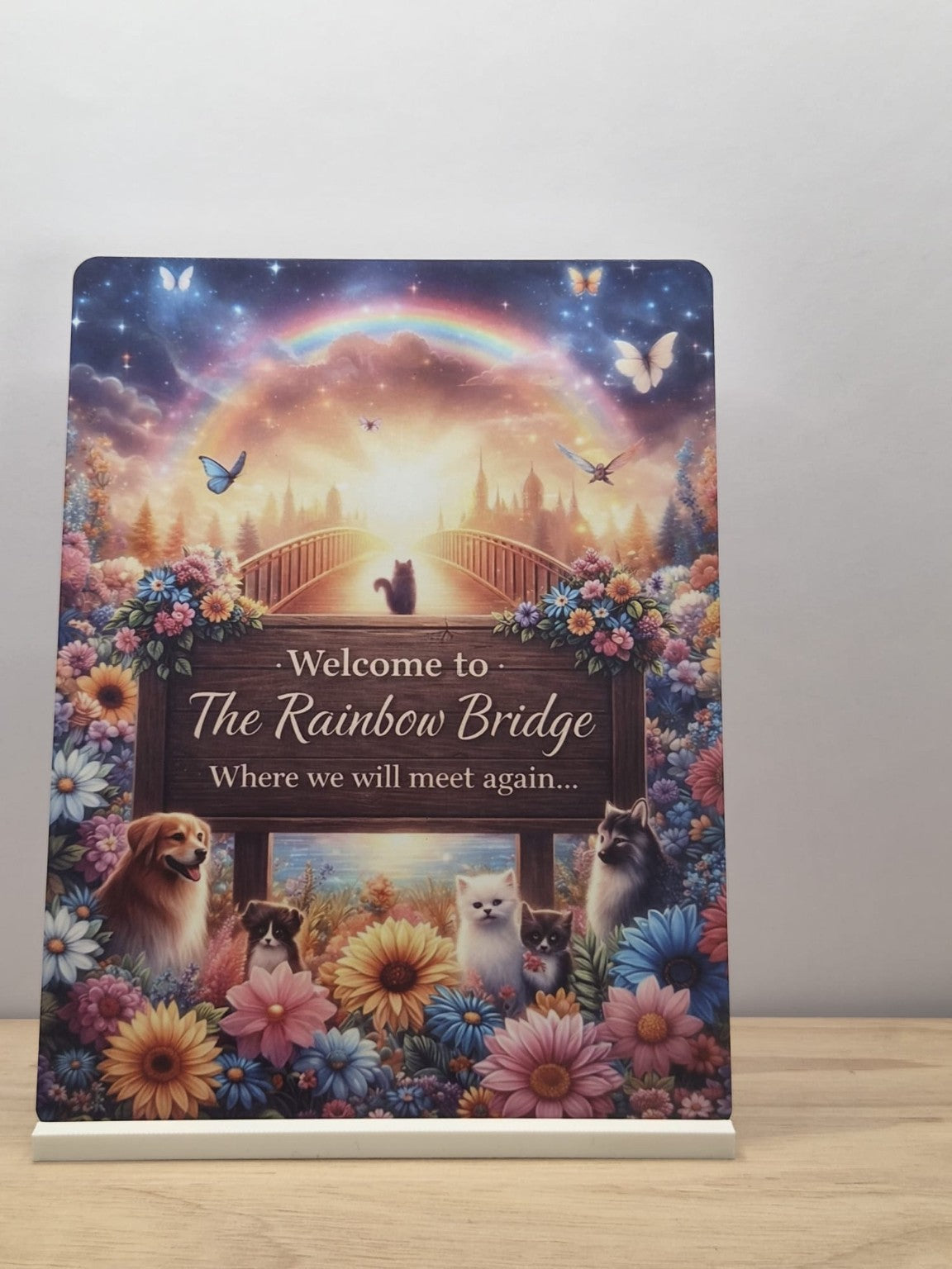 Welcome to the Rainbow Bridge pet memorial metal sign with dogs, cats, flowers and included FREE stand
