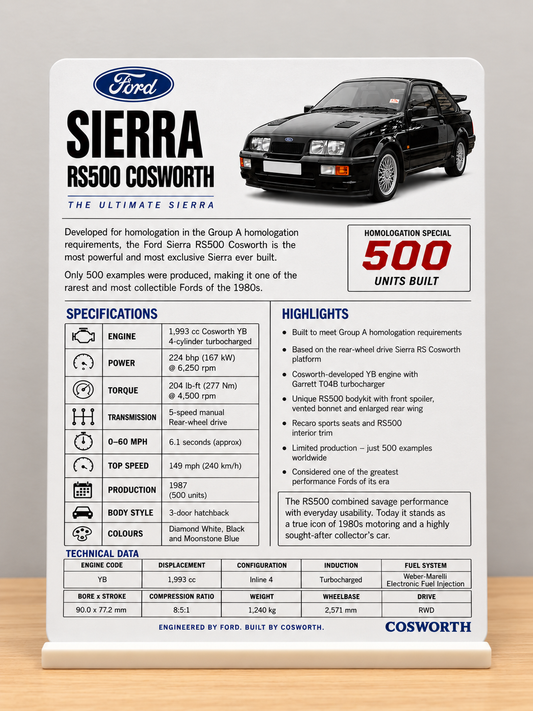 Ford Sierra RS500 Cosworth specification metal sign displayed on its white stand on a wooden surface