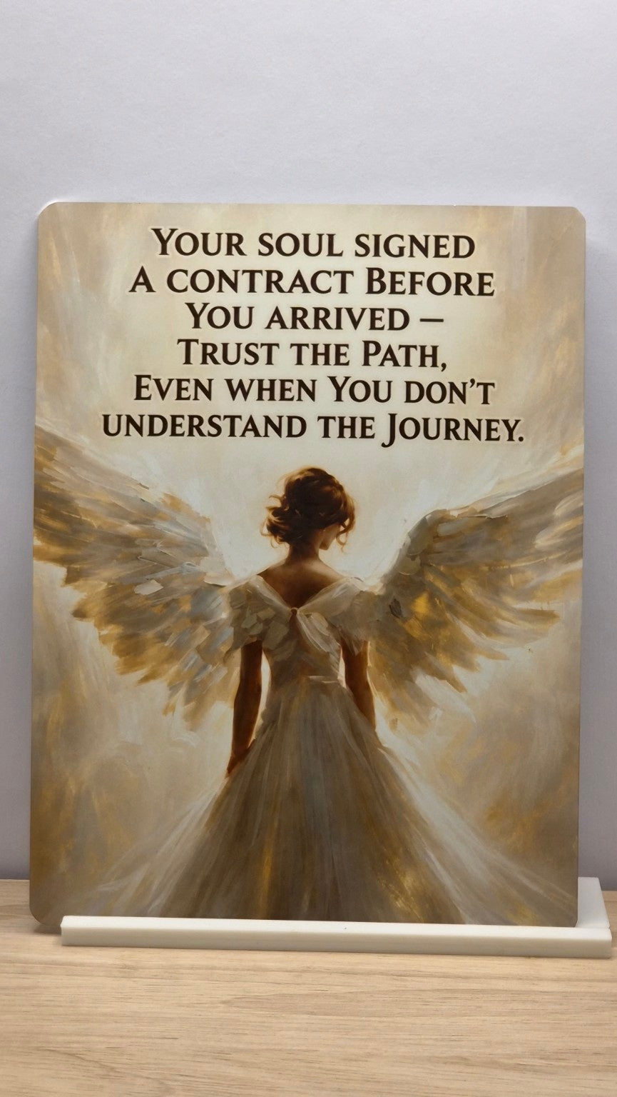 Golden angel viewed from behind beneath the soul contract and trust the path quote