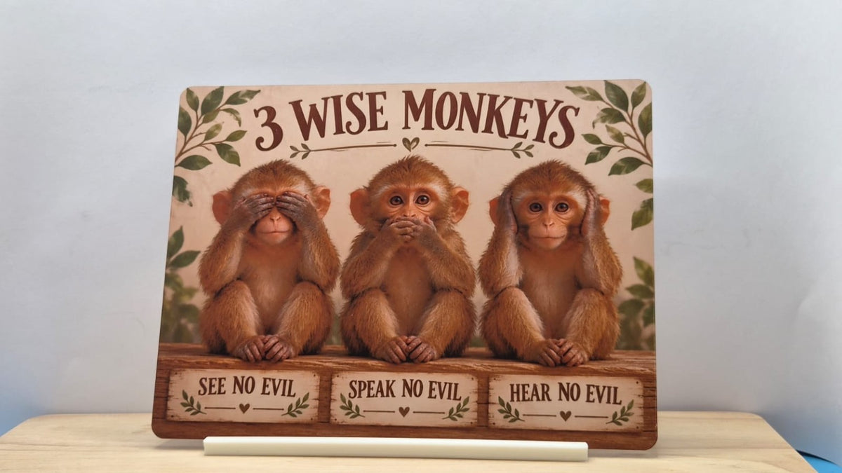Second view of the Three Wise Monkeys metal sign with leafy details and included FREE stand