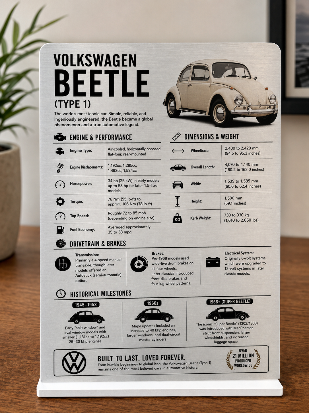 Volkswagen Beetle Type 1 Aluminium Display Board | Classic VW Information Plaque