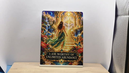 I am worthy of unlimited abundance affirmation metal sign featuring a woman in a green dress and a golden fantasy arch, with FREE stand
