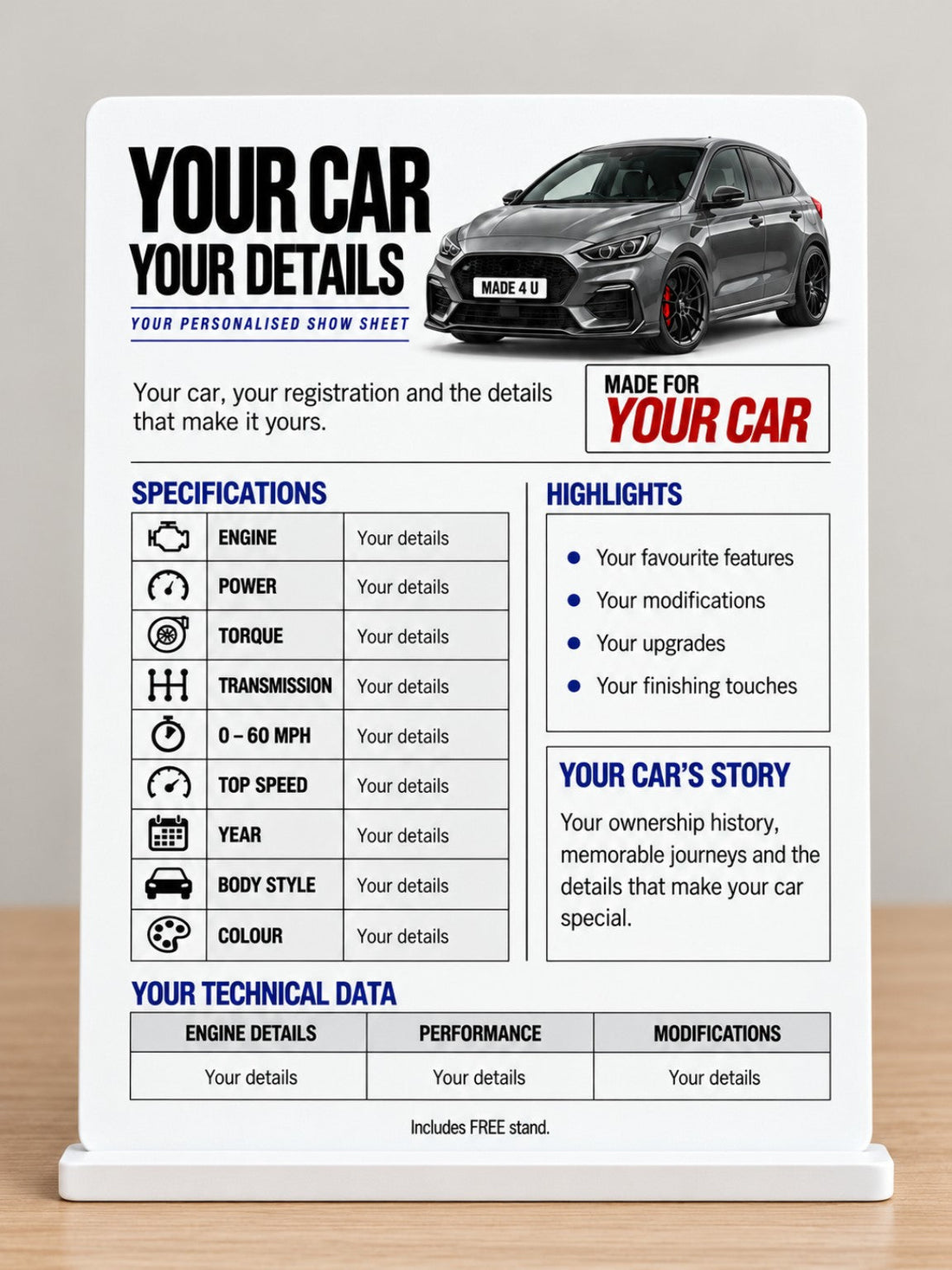 Personalised car show specification metal sign displayed on its free white stand
