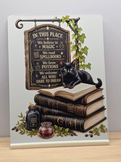Portrait witchy metal sign showing a black cat on spellbooks beside potions and an ivy-covered sign reading In This Place We Believe in Magic, with stand.
