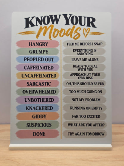 Know Your Moods metal sign with humorous mood definitions on a white stand