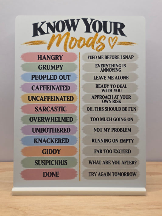 Know Your Moods metal sign with humorous mood definitions on a white stand
