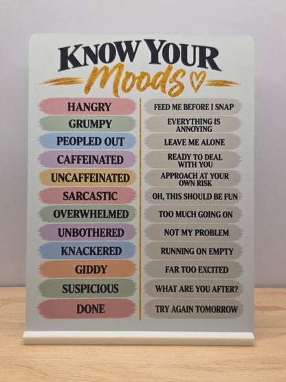 Second view of Know Your Moods metal sign displayed on its included white stand