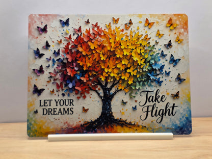 Let Your Dreams Take Flight metal sign with a rainbow butterfly tree displayed on a white stand