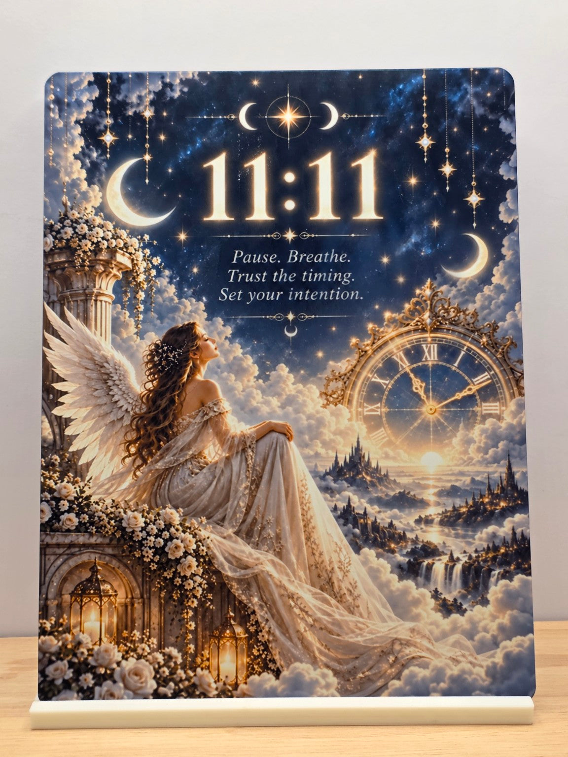 11:11 angel number metal sign with an angel, crescent moons, stars and a golden clock