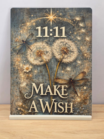 11:11 Make a Wish portrait metal sign with golden dandelions and dragonflies in a white stand