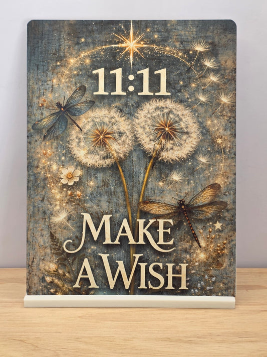 11:11 Make a Wish portrait metal sign with golden dandelions and dragonflies in a white stand