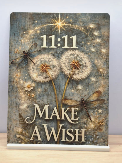 11:11 Make a Wish freestanding metal sign with dandelions and dragonflies displayed on its white stand