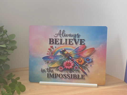Always Believe in the Impossible Dragonfly Metal Sign – Inspirational Rainbow Wall Art – 200x150mm