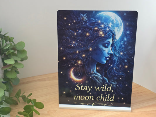 Stay Wild Moon Child Metal Sign – Celestial Goddess Wall Art – Boho Spiritual Decor – 200x150mm