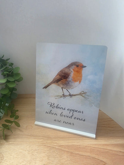 Robins Appear When Loved Ones Are Near portrait metal sign with delicate robin artwork, calming colours and elegant remembrance lettering.