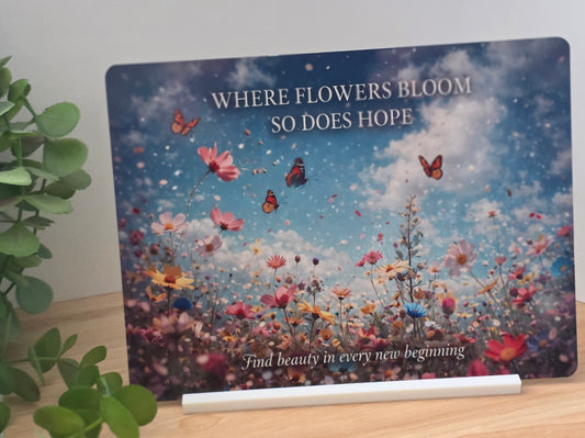 Where Flowers Bloom Metal Sign – Inspirational Floral Wall Art – Butterfly Nature Decor – 200x150mm