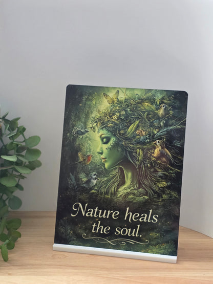 Nature Heals the Soul sign featuring a woodland goddess surrounded by birds, leaves and gentle forest light.