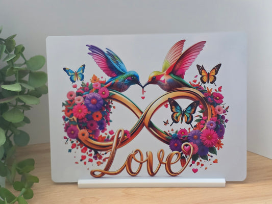 Infinity Love Metal Sign – Hummingbird Wall Art – Colourful Romantic Decor – 200x150mm
