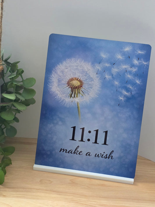 11:11 Make a Wish Metal Sign – Blue Dandelion Wall Art – Inspirational Minimalist Decor – 200x150mm