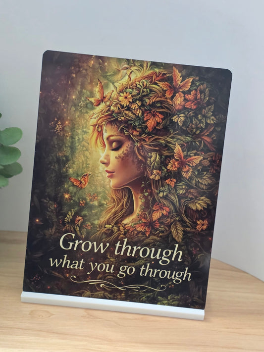 Grow Through What You Go Through Metal Sign – Inspirational Nature Wall Art – Botanical Woman Design – 200x150mm
