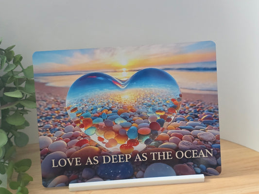 Love as Deep as the Ocean Metal Sign – Beach Sunset Heart Wall Art – Romantic Coastal Decor – 200x150mm