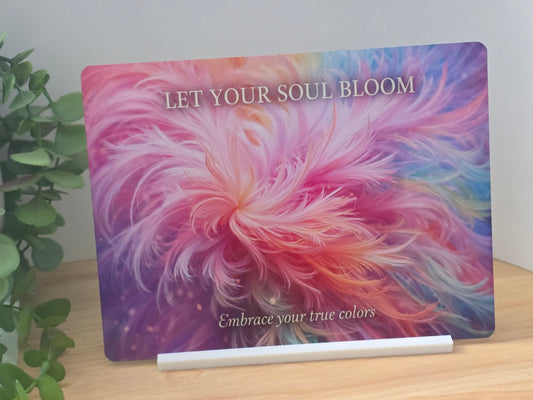 Let Your Soul Bloom Metal Sign – Colourful Abstract Flower Wall Art – Inspirational Quote Decor – 200x150mm