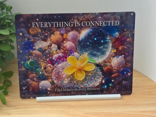 Everything Is Connected Metal Sign – Colourful Pebble & Crystal Wall Art – Spiritual Quote Decor – 200x150mm