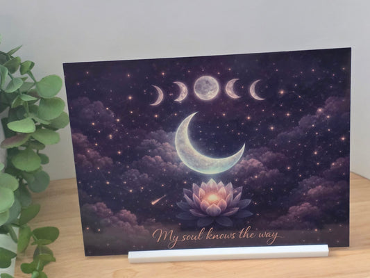 My Soul Knows the Way Sign – Celestial Moon & Lotus Quote Plaque | Spiritual Decor