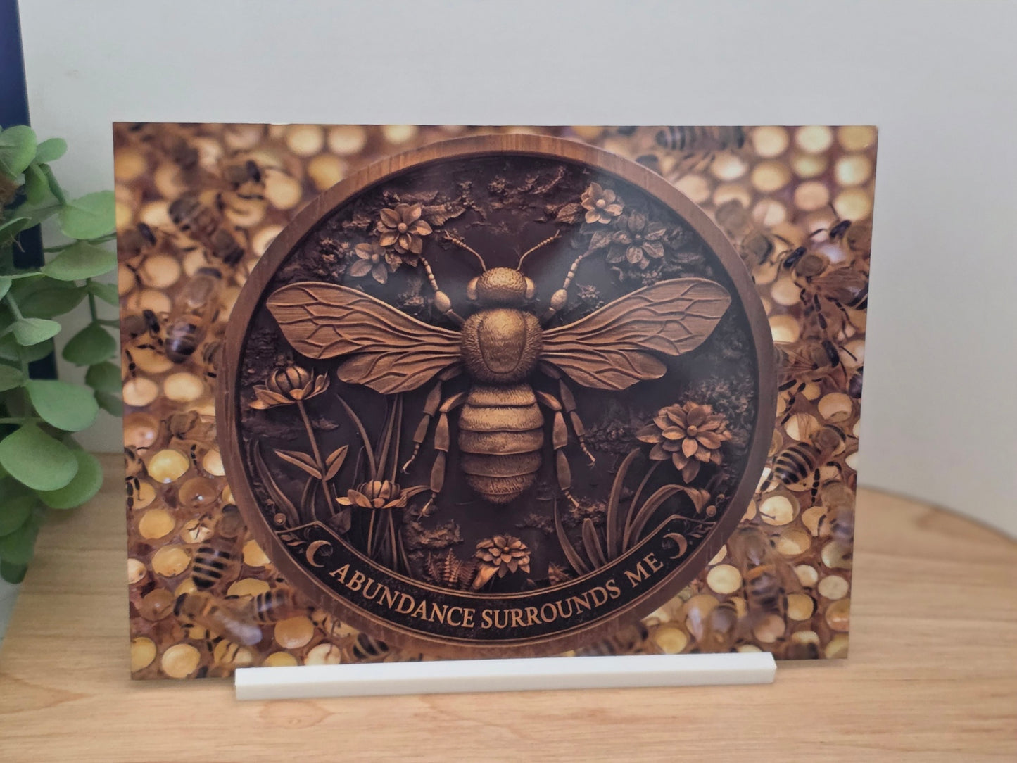 Bee Abundance Sign – “Abundance Surrounds Me” Affirmation Plaque | Nature Spiritual Decor