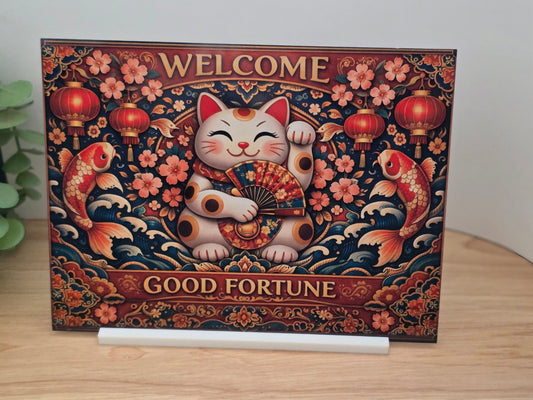 Lucky Cat Sign – Welcome Good Fortune | Maneki Neko Decor | Japanese Inspired Wall Art | Prosperity Gift
