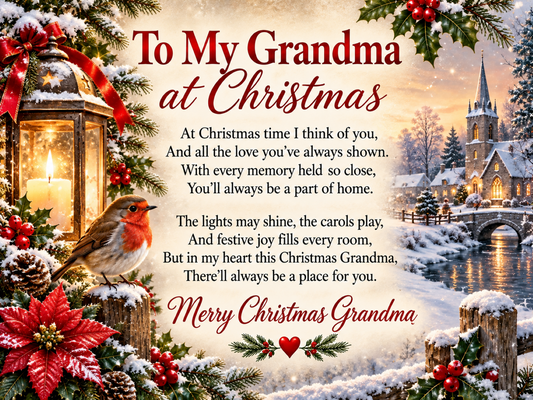 Christmas metal sign for Grandma featuring a heartfelt poem, robin, glowing lantern and snowy village with Merry Christmas Grandma message.