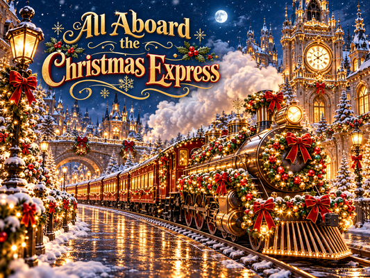 Christmas Express metal sign showing a decorated steam train travelling through a snowy town under a moonlit sky.