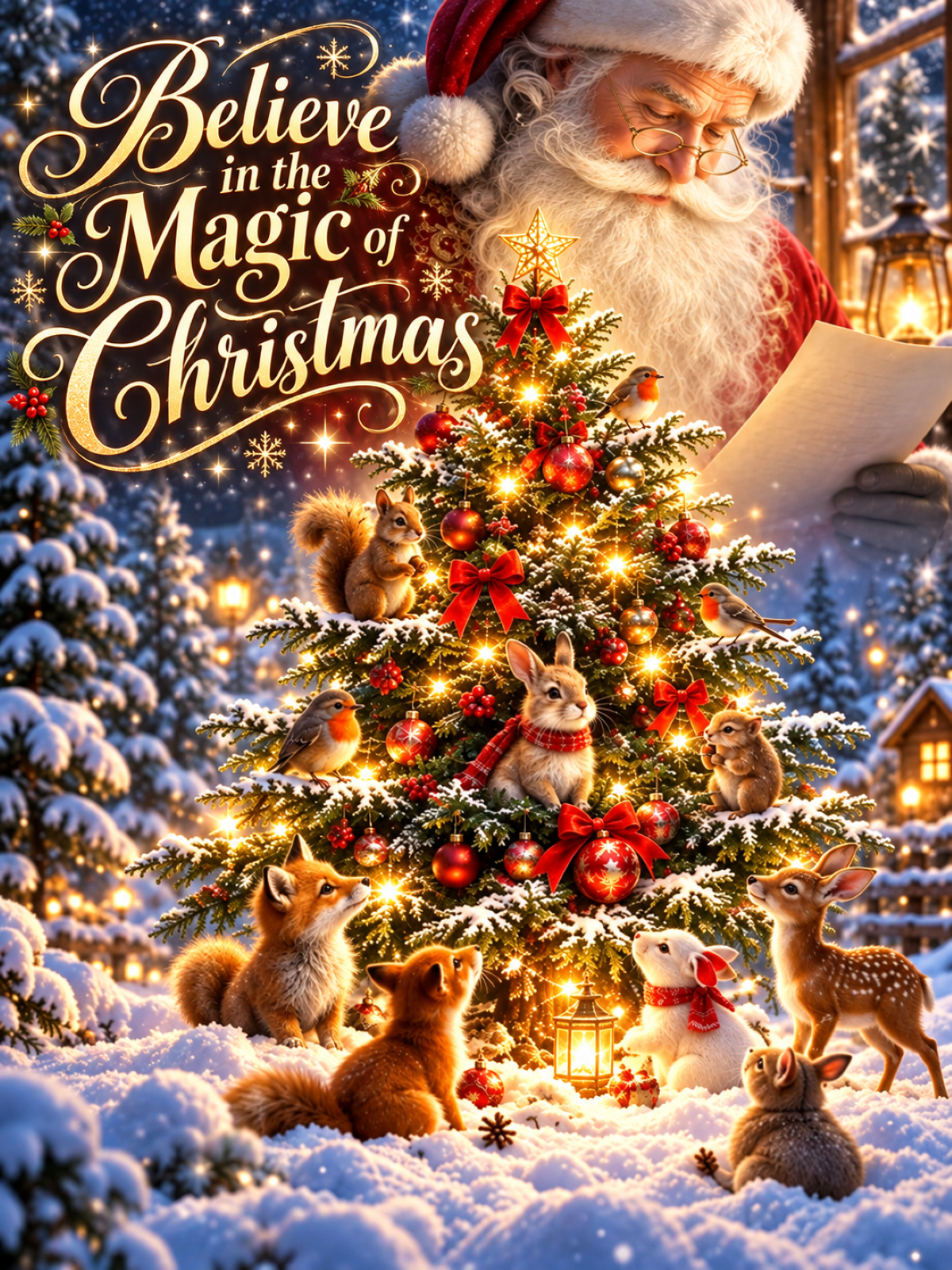 Portrait Christmas metal sign featuring Father Christmas, a glowing Christmas tree and woodland animals in the snow.
