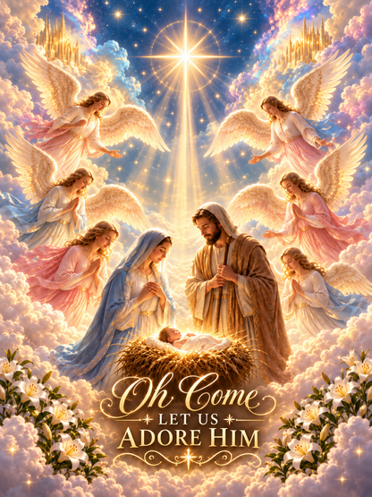 Christian nativity Christmas metal sign featuring Mary, Joseph and baby Jesus with angels beneath a shining star and Oh Come Let Us Adore Him wording.